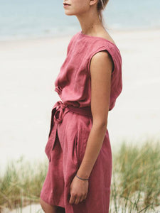 Back V Neck Summer Linen Midi Dress