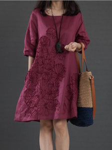 Literary Loose Embroidered Cotton and Linen Dress