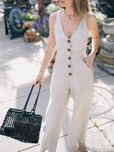 Load image into Gallery viewer, Deep V-Neck Button Linen Jumpsuit