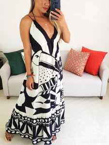 V-neck Sling with Geometric Print for A Slim Fit Maxi Dress