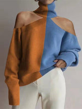 Load image into Gallery viewer, Fashion High Collar Off Shoulder Color Block Sweater