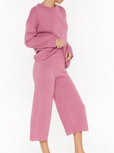 Crew Neck Solid Color Knit Top Pants Two Piece Suit