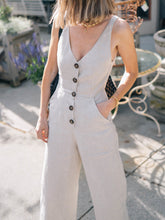 Load image into Gallery viewer, Deep V-Neck Button Linen Jumpsuit