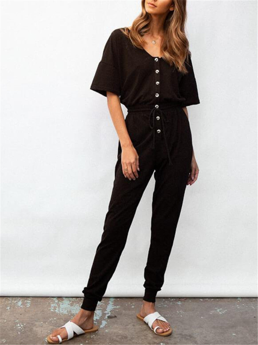 Comfortable Casual Solid Color V Neck Button Jumpsuits