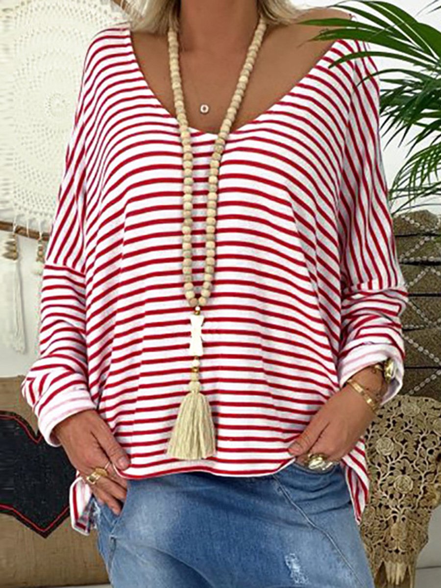 Large Neckline Casual Loose Striped Tops