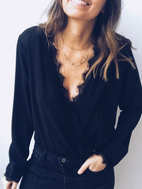 V-Neck Solid Color Long Sleeve T-Shirt