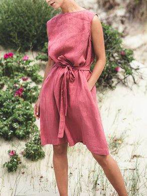 Back V Neck Summer Linen Midi Dress