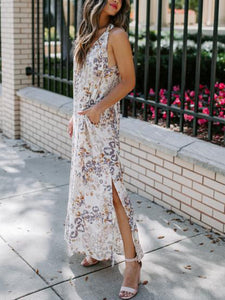 Casual Print V-neck Tie Loose Maxi Dress