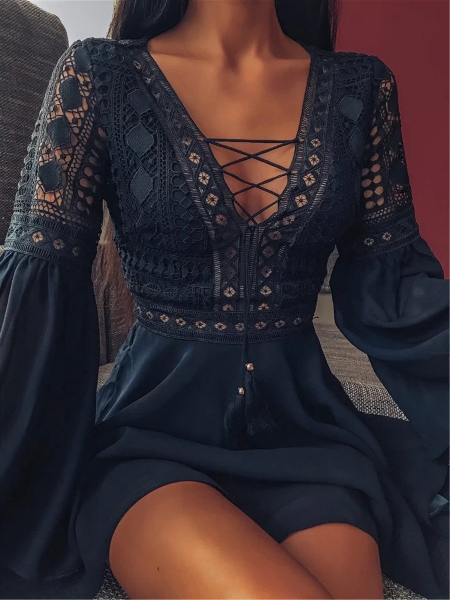 Sexy Mini Dress With Lace V Neck Flared Sleeves