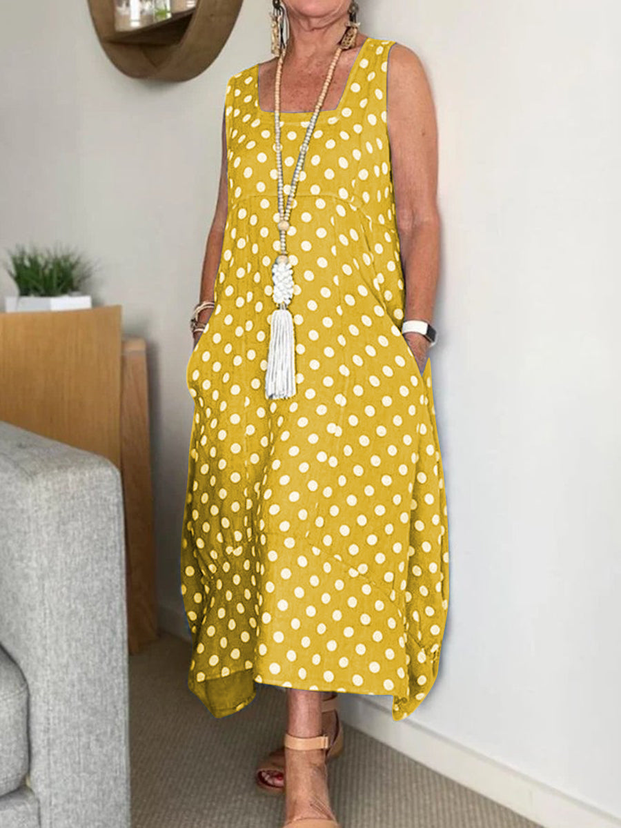 Sleeveless Dress with Polka Dot Square Collar Pocket