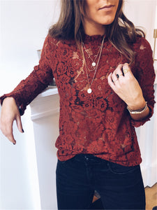 Sexy Hollow Half-High Neck Long Sleeve Blouse