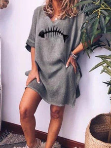 Round Neck Casual Fishbone Print Dress