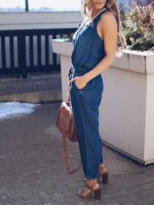 Women's Casual Drawstring Denim Sleeveless Jumpsuit