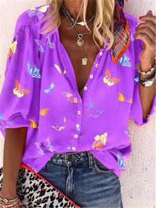 Butterfly Pattern Half Sleeve V Neck Shirt