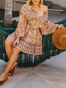 V-Neck Bohemian Ruffle Mini Dress