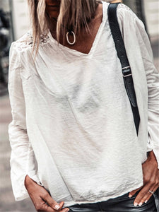 Casual Solid Color V Neck Lace Loose T Shirts