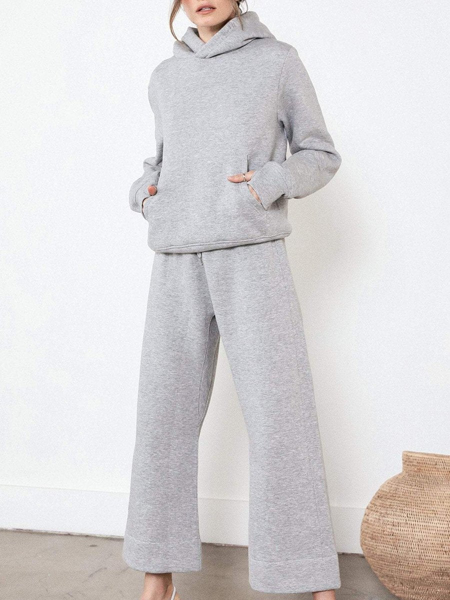 Hooded Solid Color Long Sleeve Casual Knit Two-Piece Suit