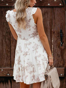 V-neck Floral Ruffle Waist Closure Mini Dress