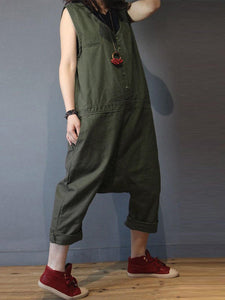 Solid Color Sleeveless V Neck Loose Button Jumpsuit Overalls