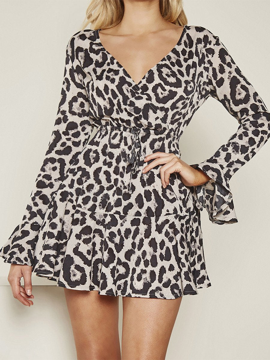 V-neck Leopard Trumpet Sleeve Dress