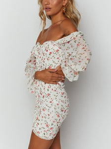 One Word Shoulder Wrapped Chest with Ruffles and Slim Flowers Mini Dress