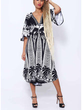 Load image into Gallery viewer, V-neck Flared Sleeve Positioning Print Fit Midi Dress