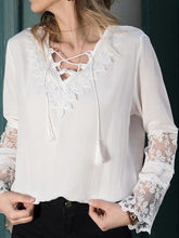 Load image into Gallery viewer, Solid Color Lace V-Neck Trumpet Long Sleeve Shirt