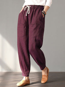 Casual Cotton Loose Elastic Waist Plain Harem Pants