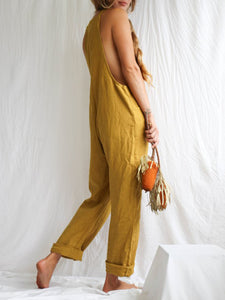 Linen Overalls Casual Jumpsuit with Pocket