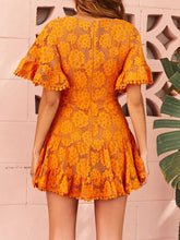 Load image into Gallery viewer, Sexy Sunset Yellow Lace Flare Sleeve Ruffle Hem Dress