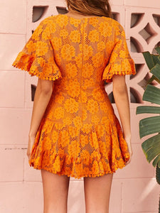 Sexy Sunset Yellow Lace Flare Sleeve Ruffle Hem Dress