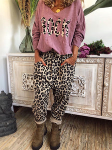 Casual Loose Long Sleeve T-Shirt Pants Leopard Set