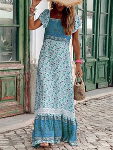 Bohemian Printed Contrast-paneled Casual Dress