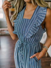 Load image into Gallery viewer, Women Ruffle Detail Lace Up Navy Striped Jumpsuit