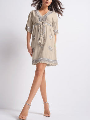 Spring-Summer Short-Sleeve V-Neck Embroidered Dress