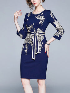 Embroidered Bow Tie Slim Slimming Midi Dress