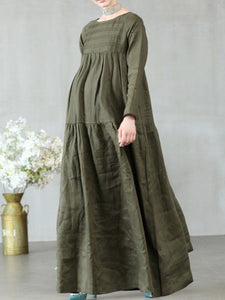 Loose Casual Cotton and Linen Long Sleeve Solid Color Pregnant Women Dress