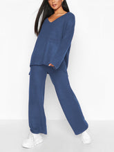 Load image into Gallery viewer, Loose Casual V-Neck Long Sleeve Top Wide Leg Pants Knitted Suit