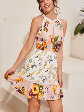 Load image into Gallery viewer, Ruffle Hem Lace Insert Floral Halter Mini Dress