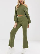 Load image into Gallery viewer, Fashion Casual Loose Lantern Sleeve Top Flare Pants Knitted Suit