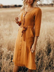 Round Neck Vacation Lace Up Button Dress