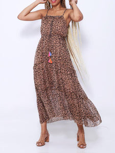 Halter Ruffle Waist Leopard Print Maxi Dress