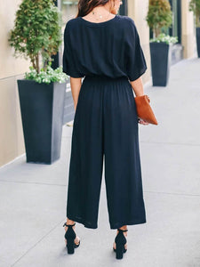 Solid Color Casual V-Neck Jumpsuit