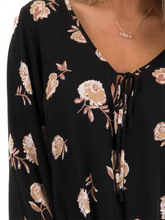Load image into Gallery viewer, Black Floral Print Tunic Top with Long Sleeves and Front Tie