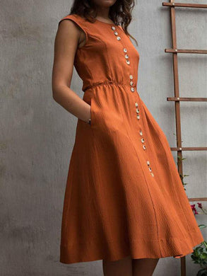 Plain Button Midi Dress Sleeveless Skater Dresses