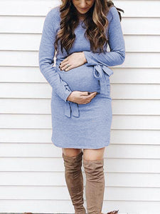 Solid Knit Lace Up Long Sleeve Round Neck Maternity Dress