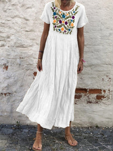 Summer Short Sleeve Round Neck Embroidered Casual Maxi Dress