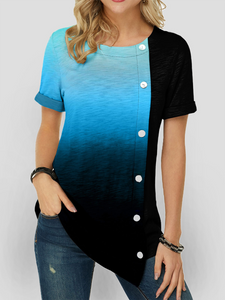 Color Gradient Asymmetric Hem Button Detail Short Sleeve T-Shirts