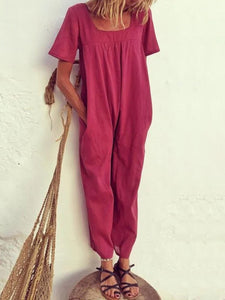 Solid Color Casual Retro Pocket Jumpsuit