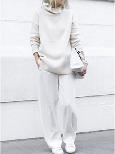 Casual Wild Pure Color Turtleneck Two-Piece Set